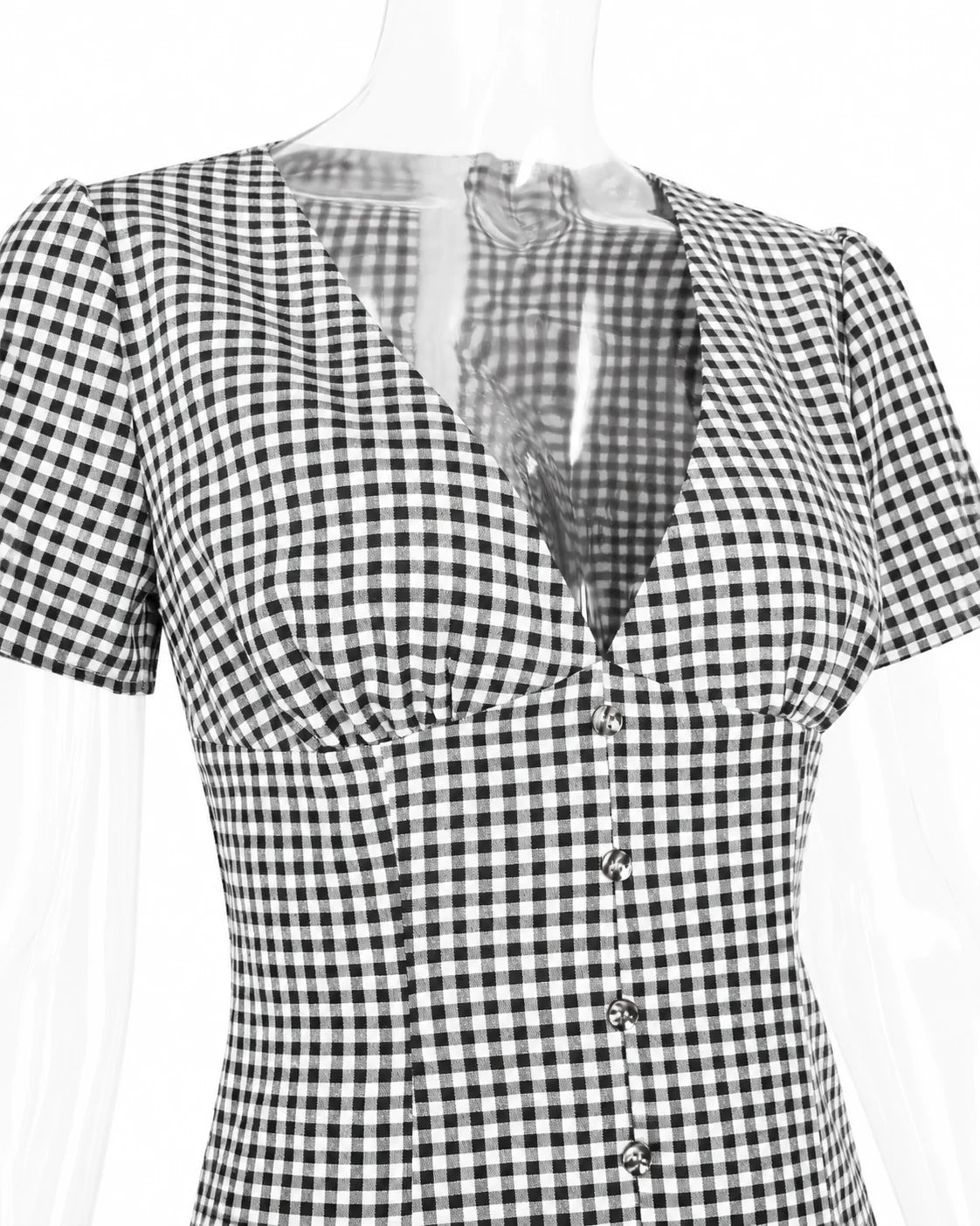 V-Neck Button Front Gingham Fitted Mini Dress | Oyese