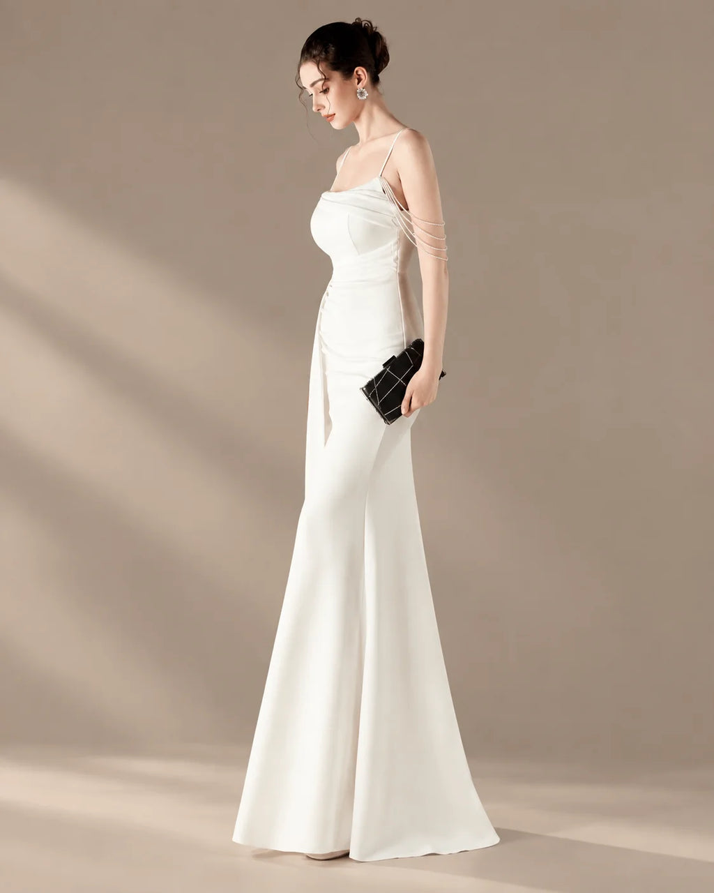 Spaghetti Strap Beaded Chain Draped Satin Mermaid Gown | Oyese