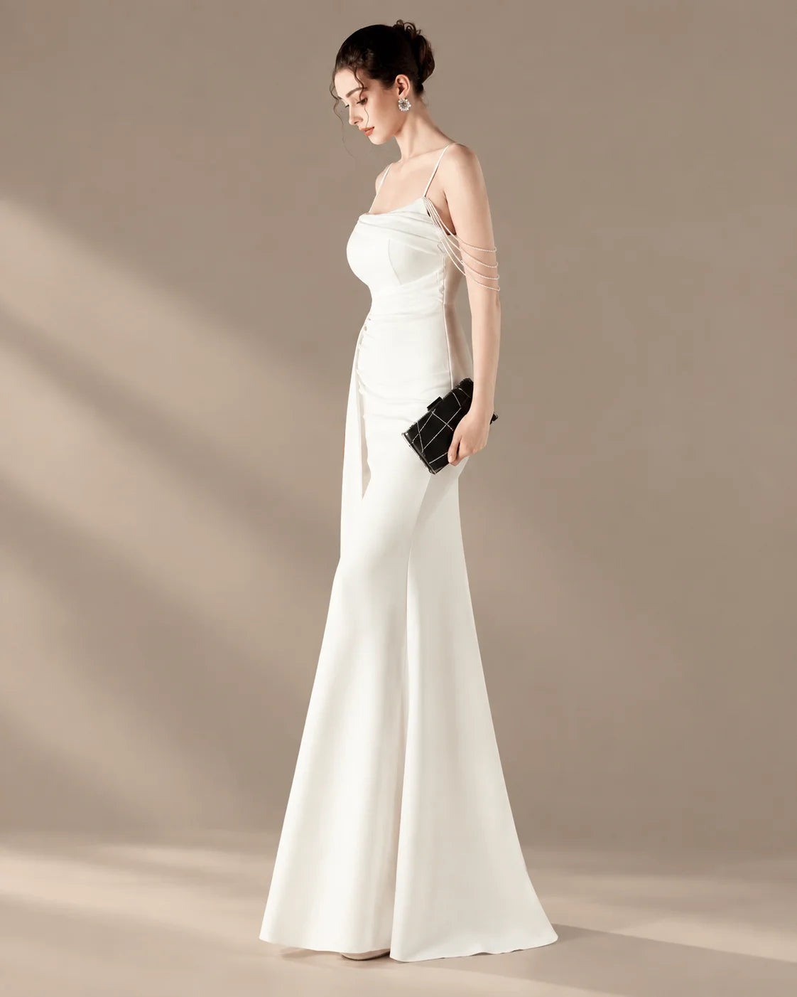 Spaghetti Strap Beaded Chain Draped Satin Mermaid Gown | Oyese