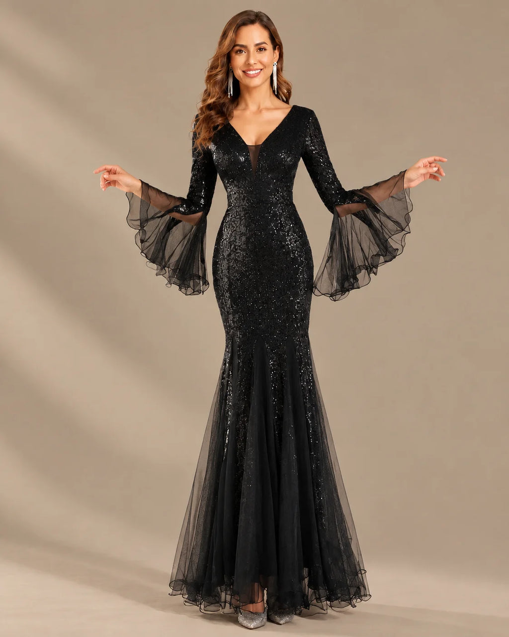 V-Neck Bell Sleeve Sequin Tulle Mermaid Evening Gown | Oyese