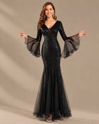 V-Neck Bell Sleeve Sequin Tulle Mermaid Evening Gown | Oyese
