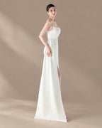Spaghetti Strap Beaded Chain Draped Satin Mermaid Gown | Oyese