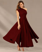 One-Shoulder Cap Sleeve Belted Fit and Flare Midi Dress | Oyese
