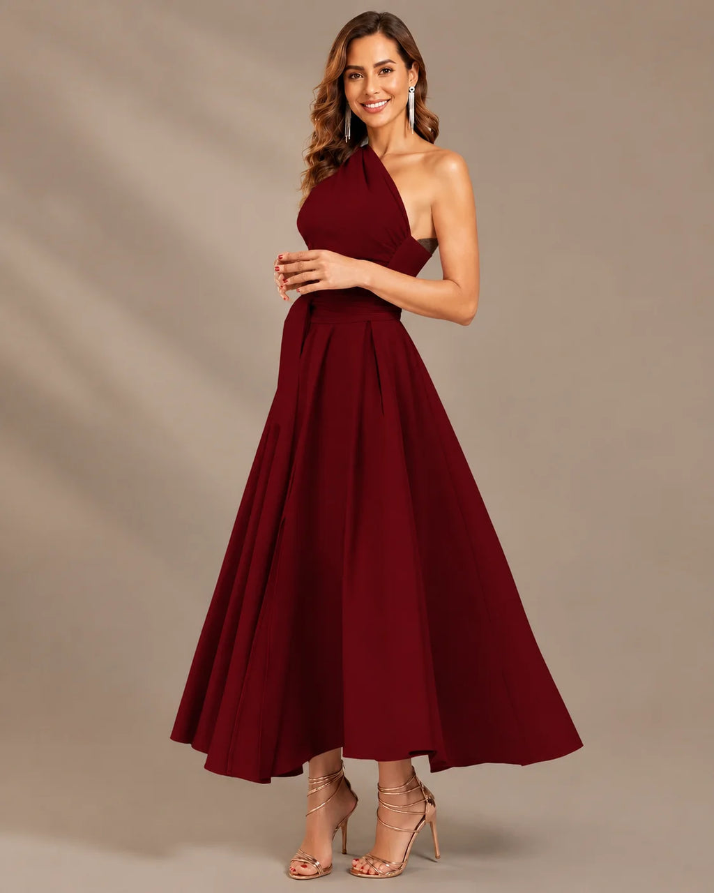 One-Shoulder Cap Sleeve Belted Fit and Flare Midi Dress | Oyese