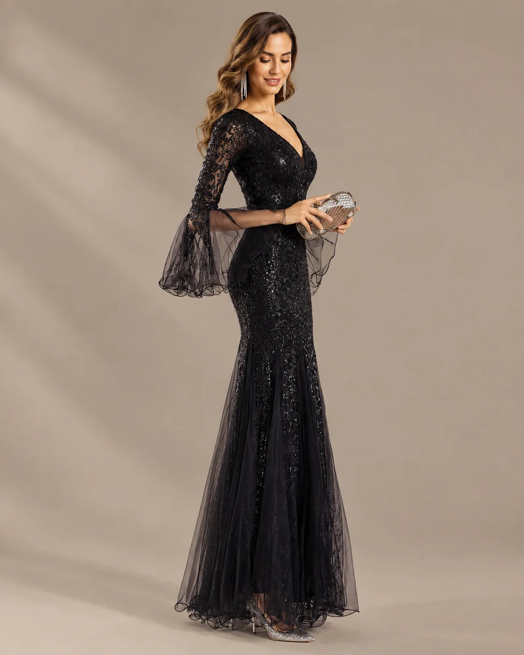 V-Neck Bell Sleeve Sequin Tulle Mermaid Evening Gown | Oyese