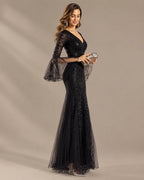 V-Neck Bell Sleeve Sequin Tulle Mermaid Evening Gown | Oyese