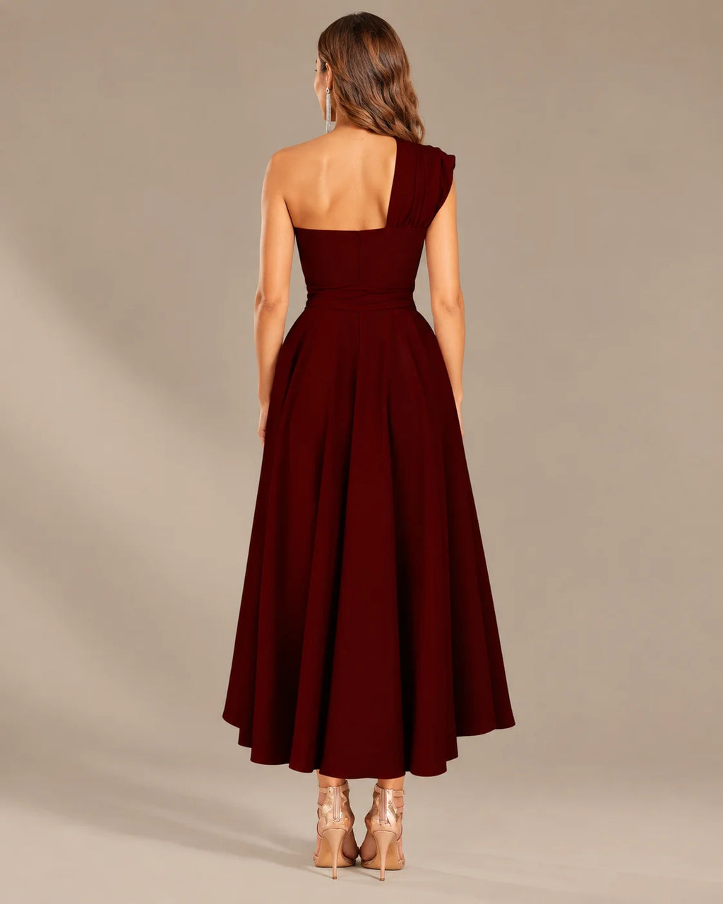 One-Shoulder Cap Sleeve Belted Fit and Flare Midi Dress | Oyese