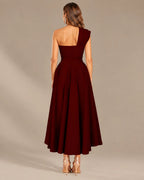 One-Shoulder Cap Sleeve Belted Fit and Flare Midi Dress | Oyese