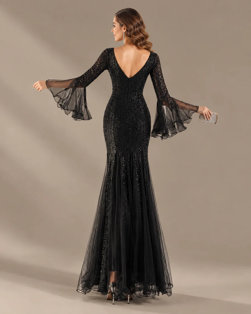 V-Neck Bell Sleeve Sequin Tulle Mermaid Evening Gown | Oyese