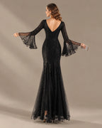V-Neck Bell Sleeve Sequin Tulle Mermaid Evening Gown | Oyese