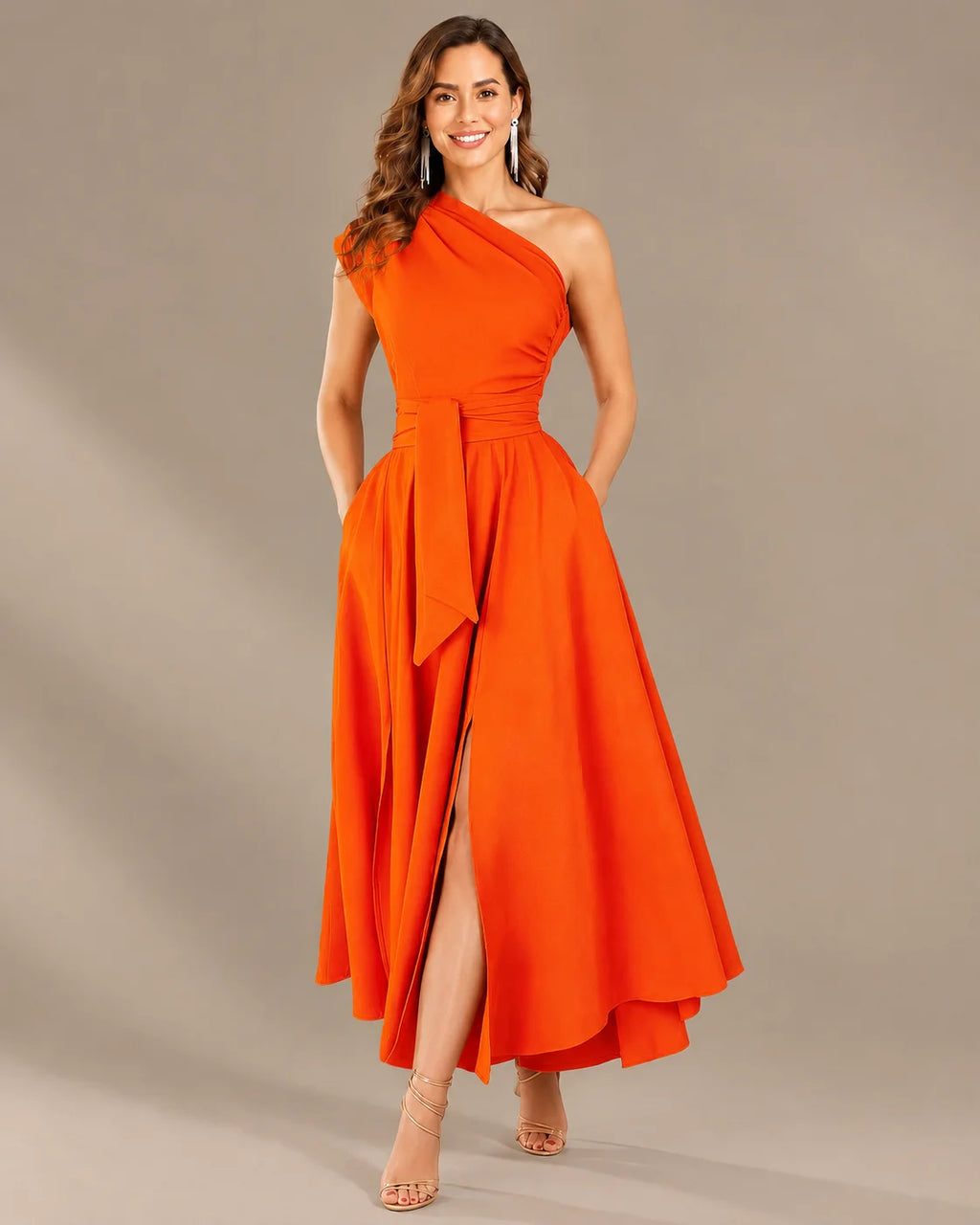 One-Shoulder Cap Sleeve Belted Fit and Flare Midi Dress | Oyese