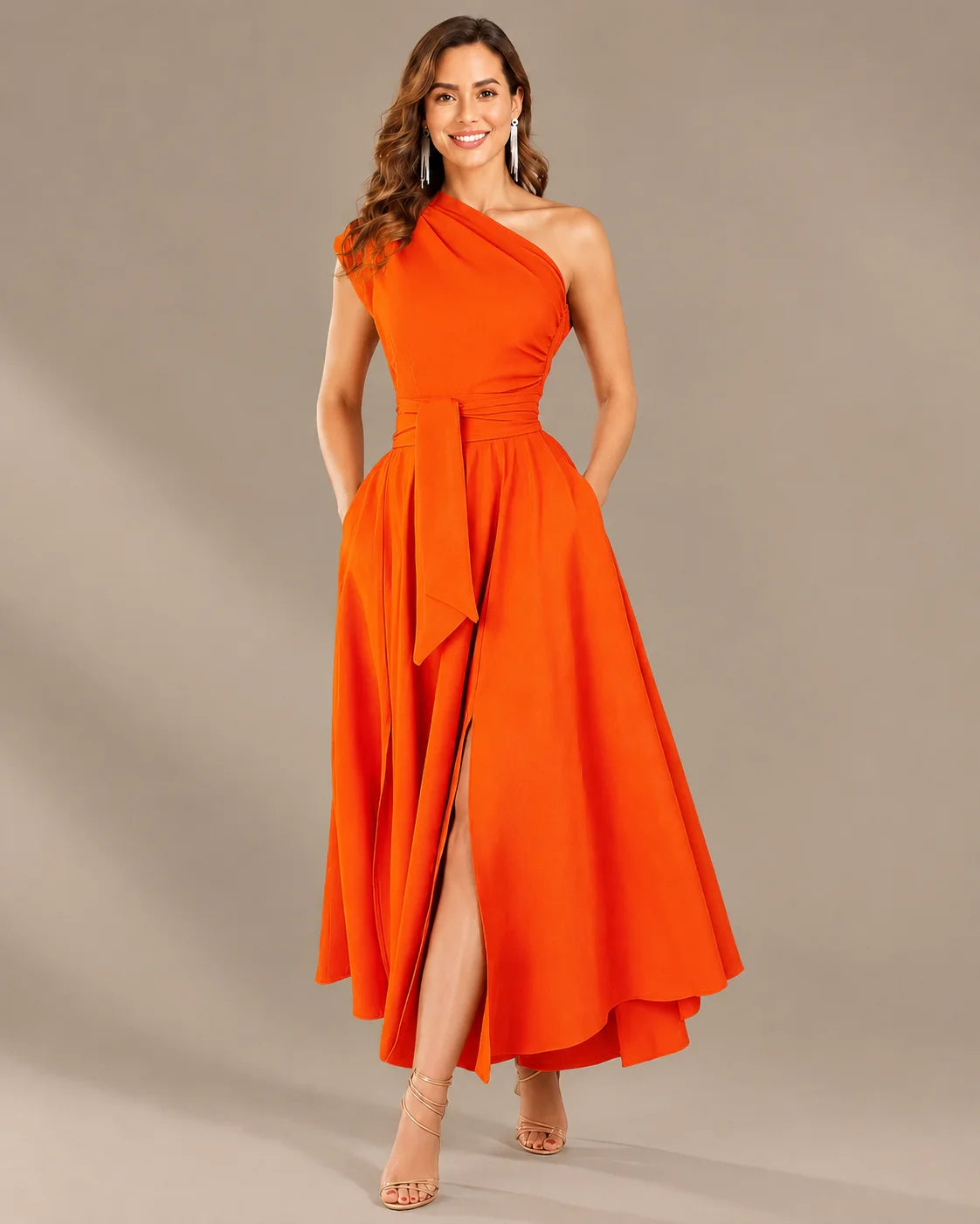 One-Shoulder Cap Sleeve Belted Fit and Flare Midi Dress | Oyese