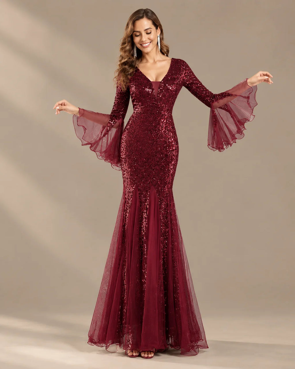 V-Neck Bell Sleeve Sequin Tulle Mermaid Evening Gown | Oyese