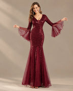 V-Neck Bell Sleeve Sequin Tulle Mermaid Evening Gown | Oyese
