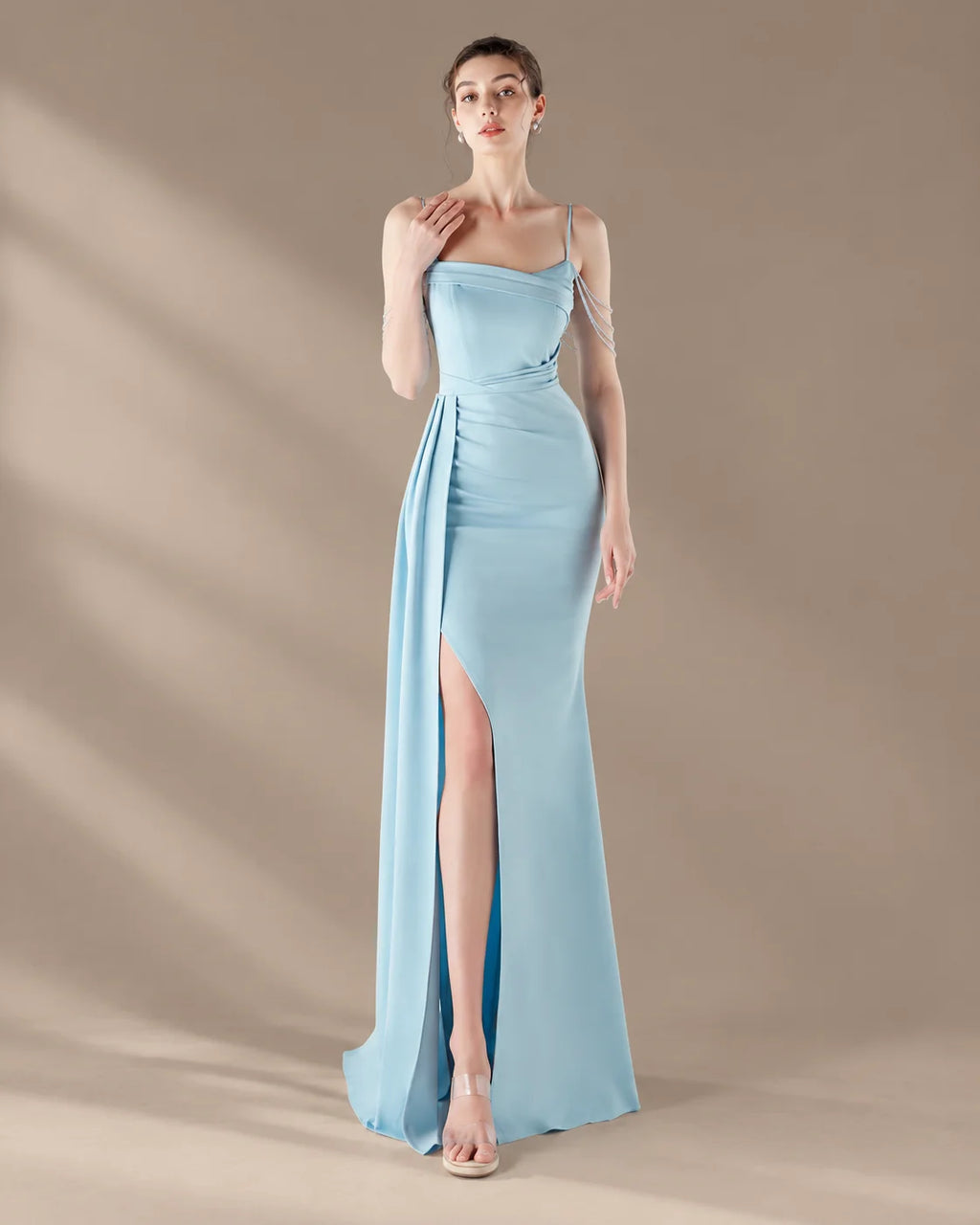 Spaghetti Strap Beaded Chain Draped Satin Mermaid Gown | Oyese