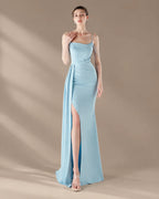 Spaghetti Strap Beaded Chain Draped Satin Mermaid Gown | Oyese
