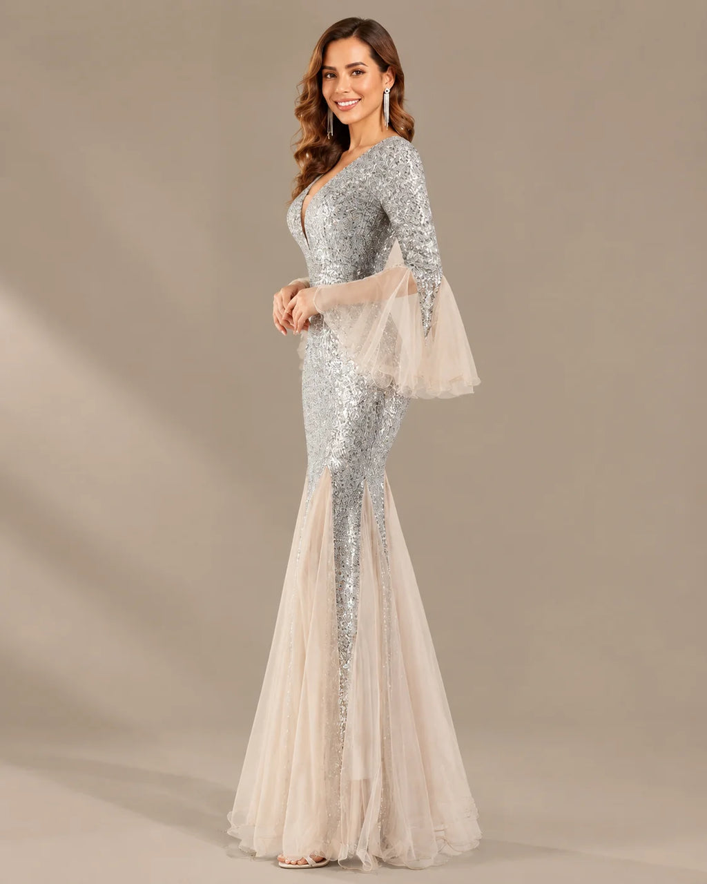 V-Neck Bell Sleeve Sequin Tulle Mermaid Evening Gown | Oyese