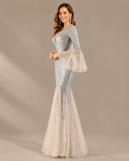 V-Neck Bell Sleeve Sequin Tulle Mermaid Evening Gown | Oyese