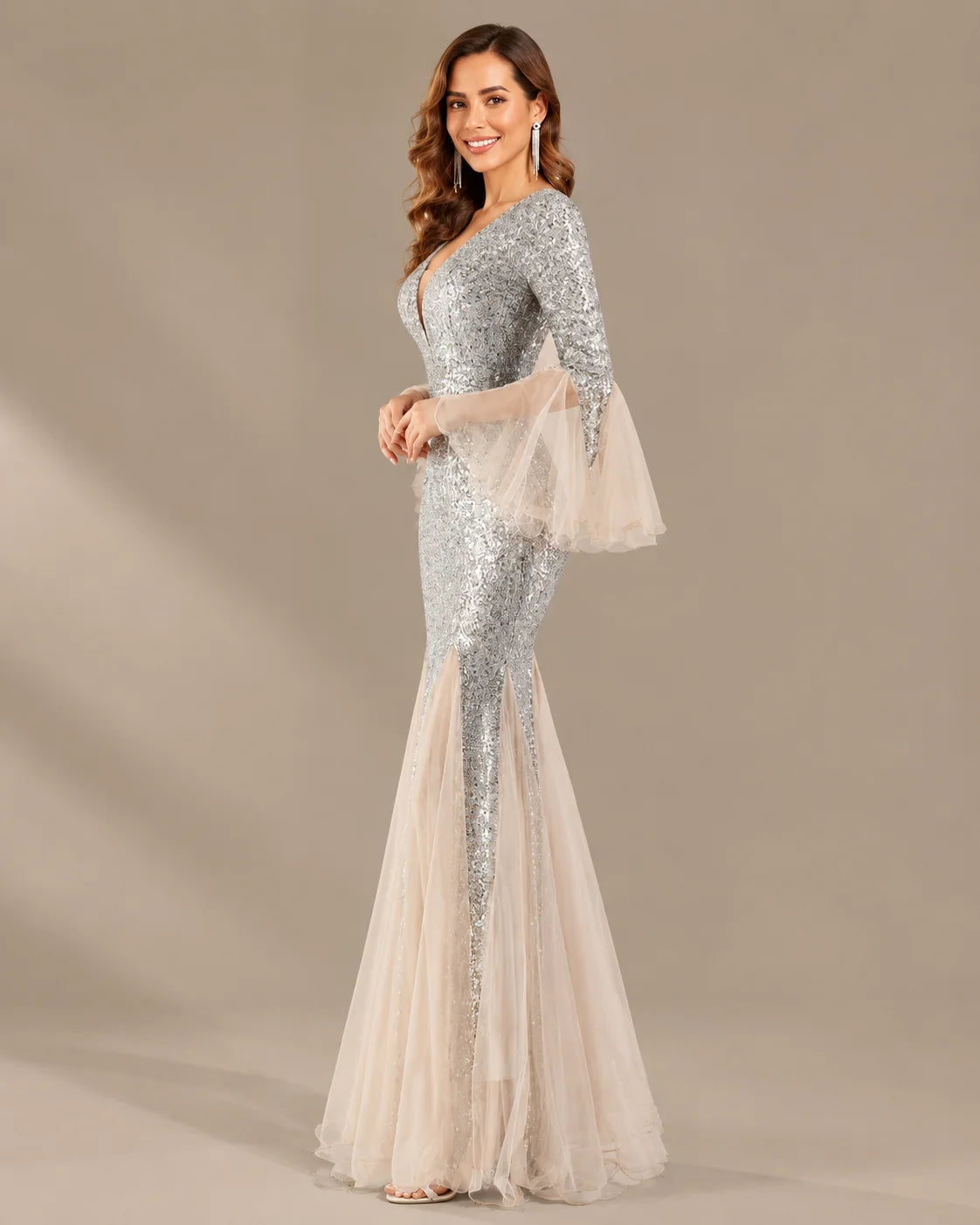 V-Neck Bell Sleeve Sequin Tulle Mermaid Evening Gown | Oyese