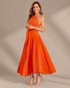 One-Shoulder Cap Sleeve Belted Fit and Flare Midi Dress | Oyese