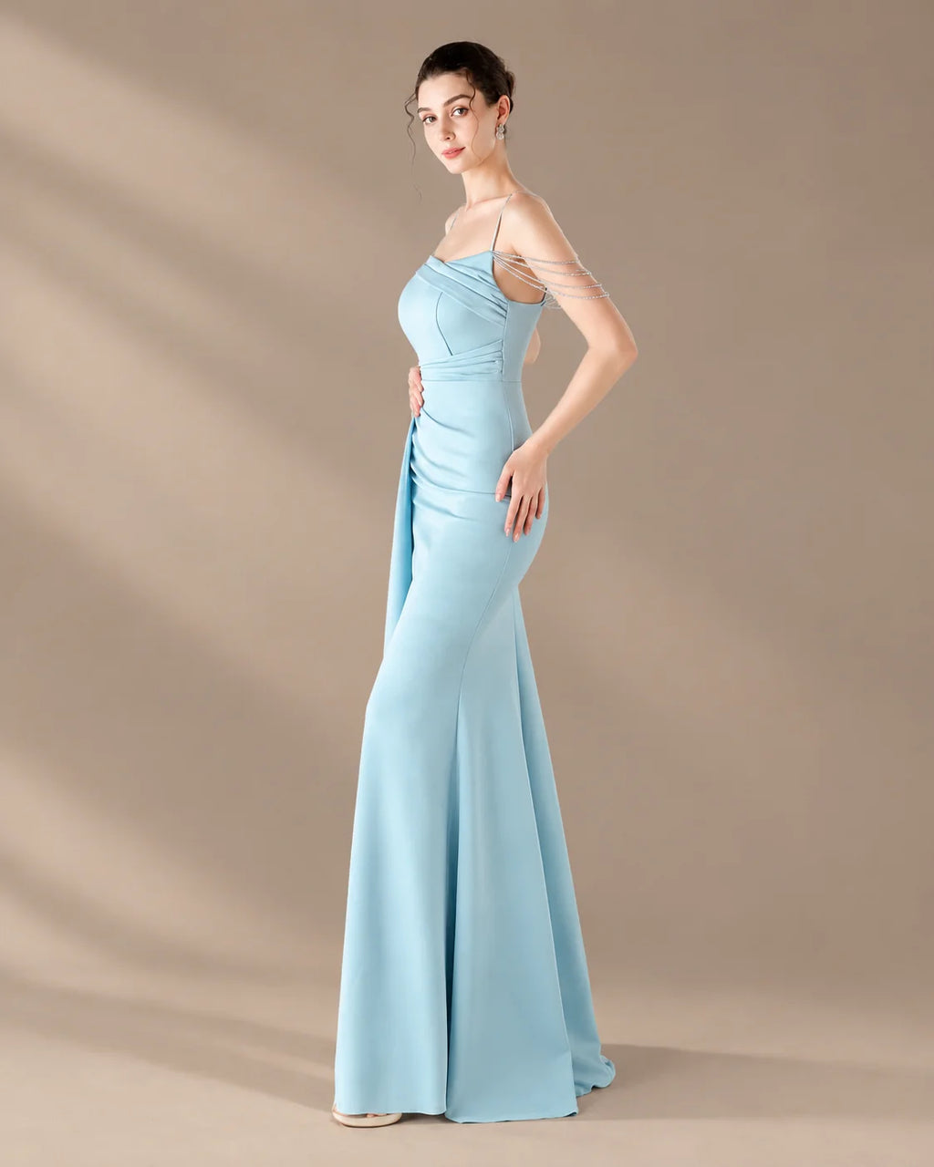 Spaghetti Strap Beaded Chain Draped Satin Mermaid Gown | Oyese