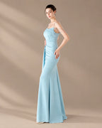 Spaghetti Strap Beaded Chain Draped Satin Mermaid Gown | Oyese