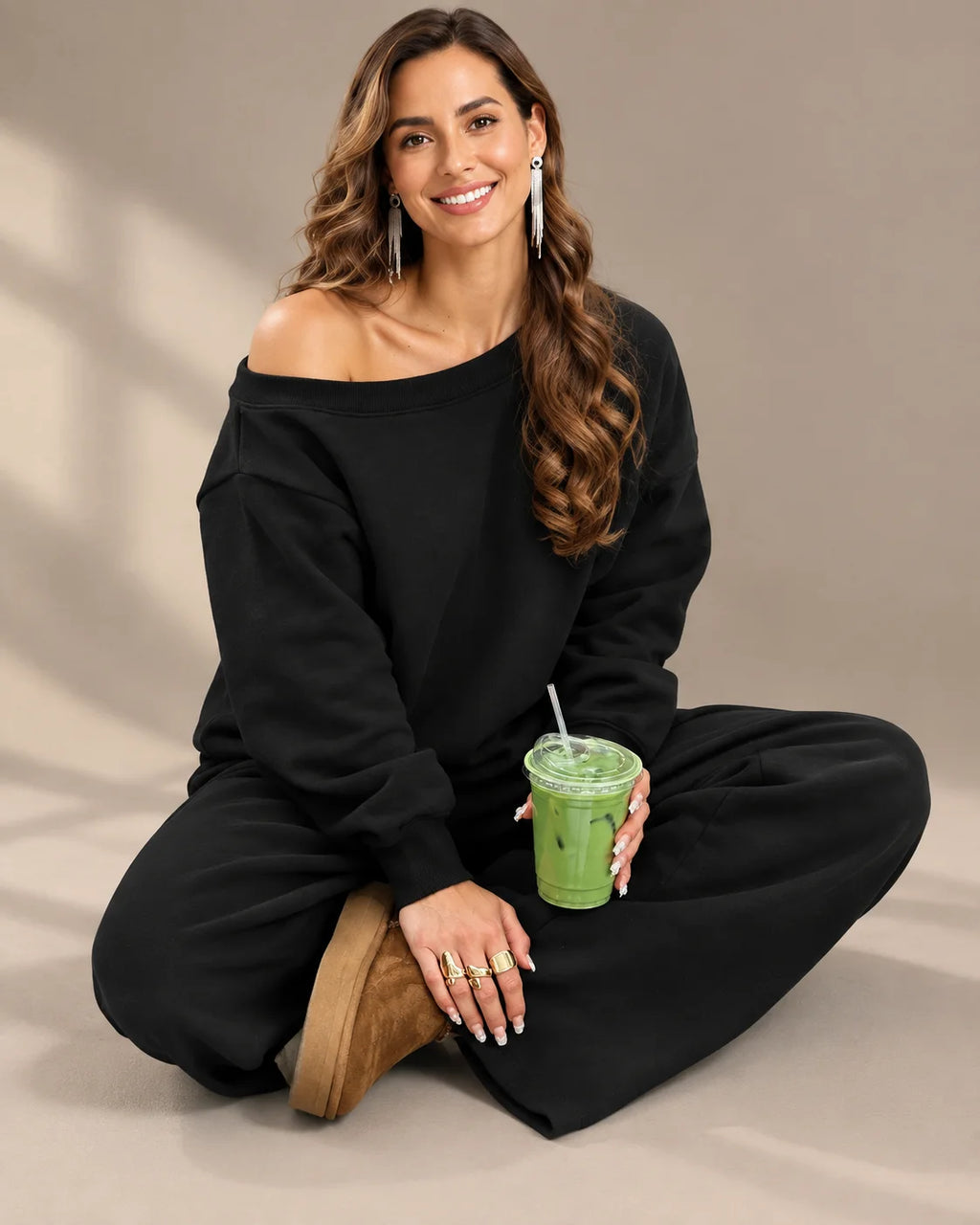Off-Shoulder Sweatshirt and Wide-Leg Sweatpants Two Piece Set | Oyese