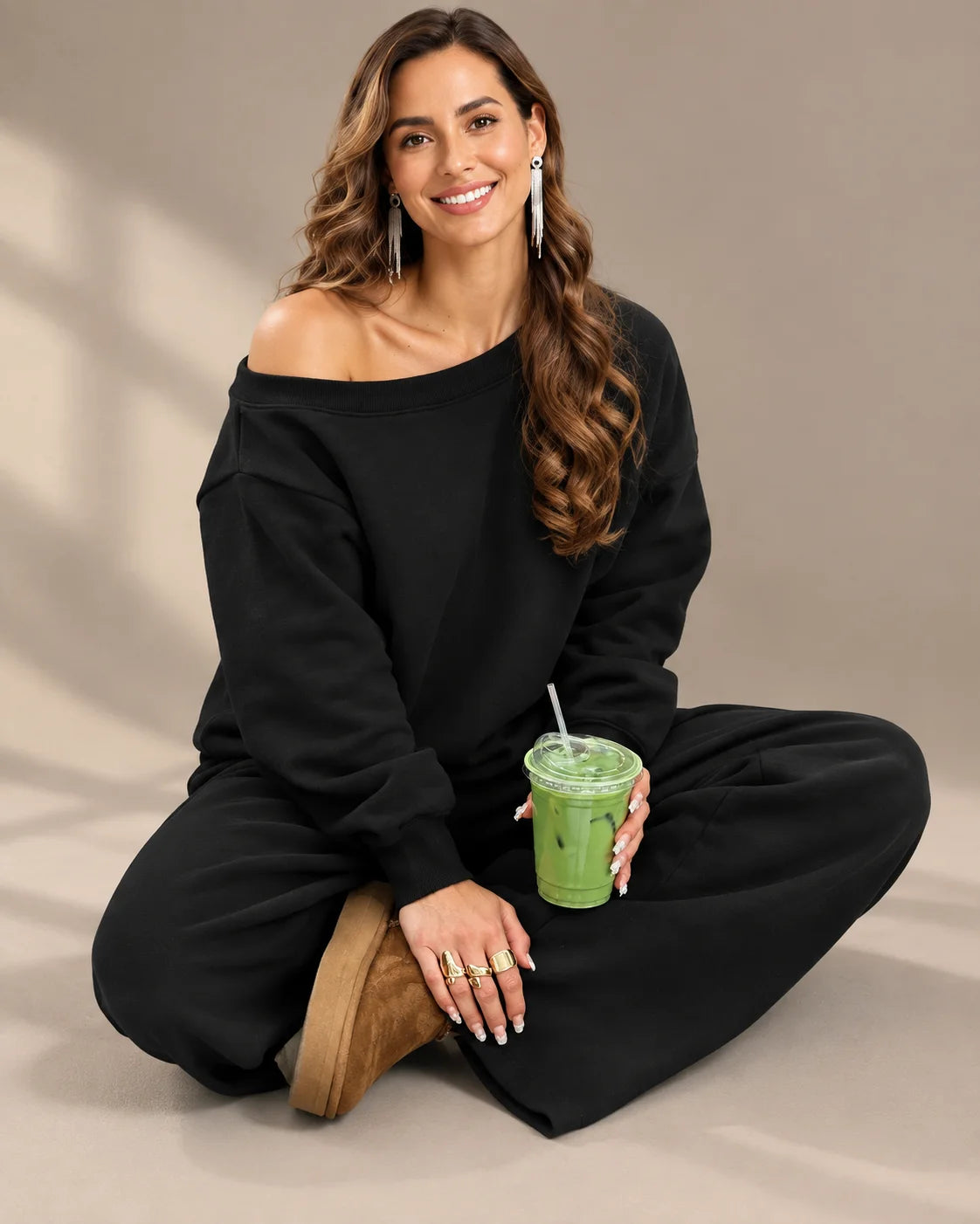 Off-Shoulder Sweatshirt and Wide-Leg Sweatpants Two Piece Set | Oyese