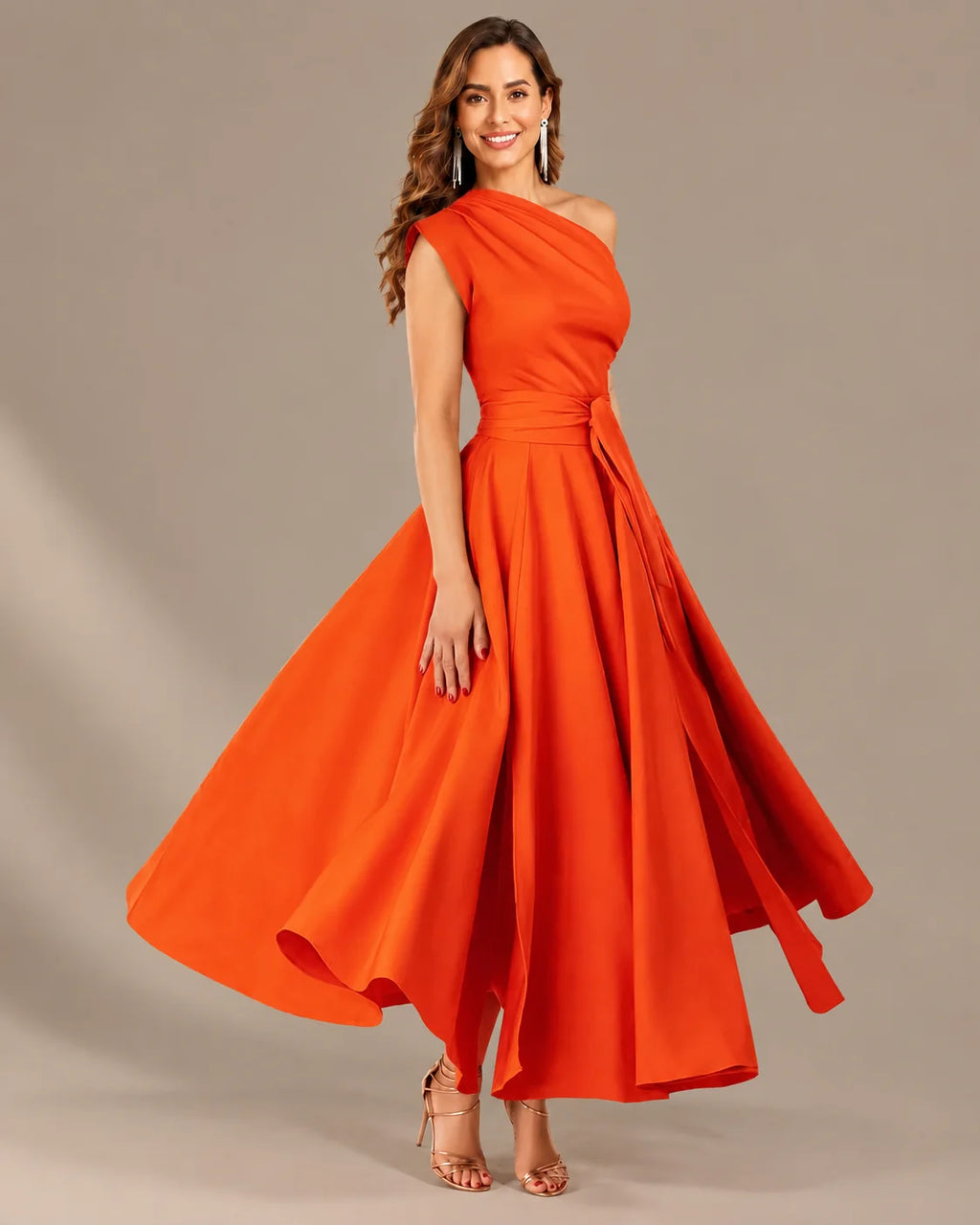One-Shoulder Cap Sleeve Belted Fit and Flare Midi Dress | Oyese