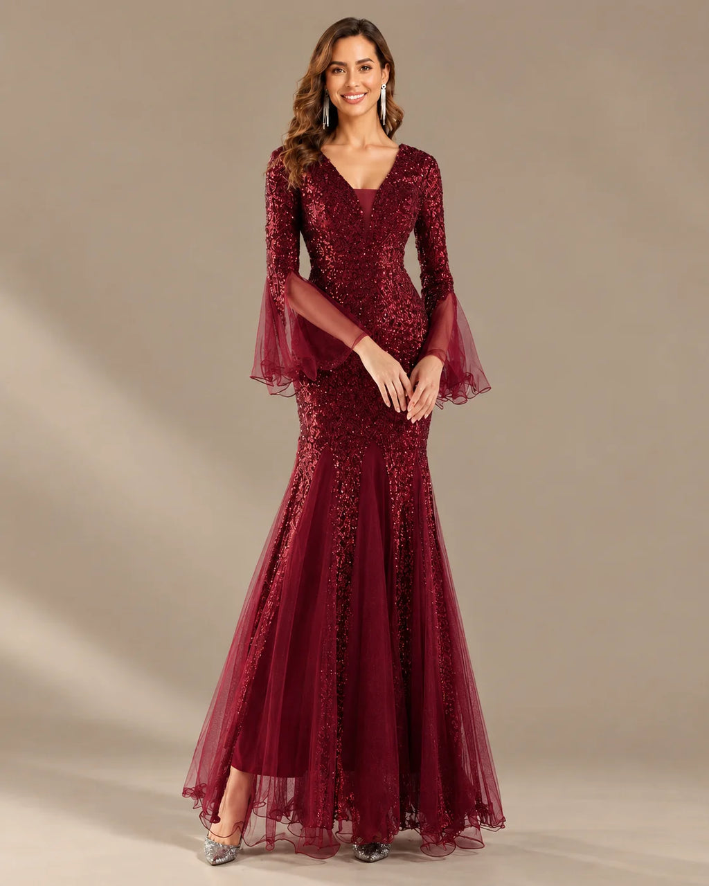 V-Neck Bell Sleeve Sequin Tulle Mermaid Evening Gown | Oyese