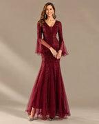 V-Neck Bell Sleeve Sequin Tulle Mermaid Evening Gown | Oyese