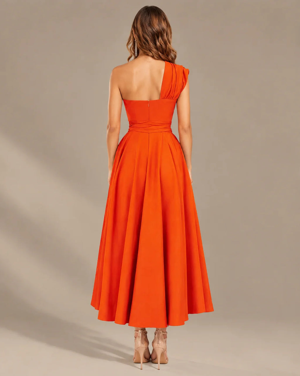 One-Shoulder Cap Sleeve Belted Fit and Flare Midi Dress | Oyese
