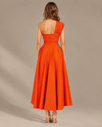 One-Shoulder Cap Sleeve Belted Fit and Flare Midi Dress | Oyese