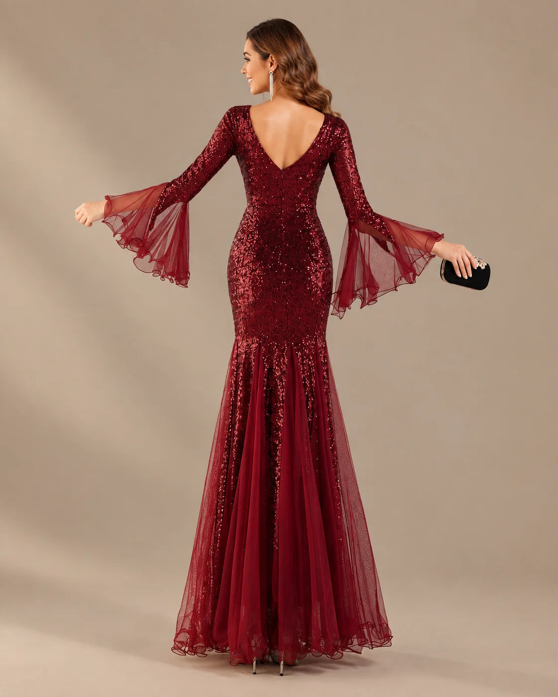 V-Neck Bell Sleeve Sequin Tulle Mermaid Evening Gown | Oyese