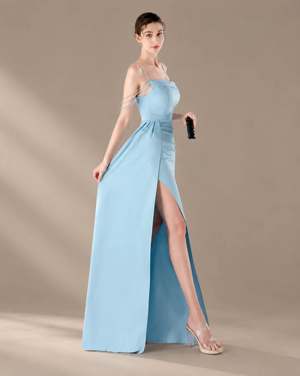 Spaghetti Strap Beaded Chain Draped Satin Mermaid Gown | Oyese
