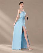 Spaghetti Strap Beaded Chain Draped Satin Mermaid Gown | Oyese