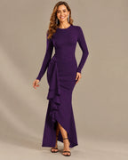 Long Sleeve Ruffle Mermaid Maxi Dress – High-Low Hem Formal Fall Gown | Oyese