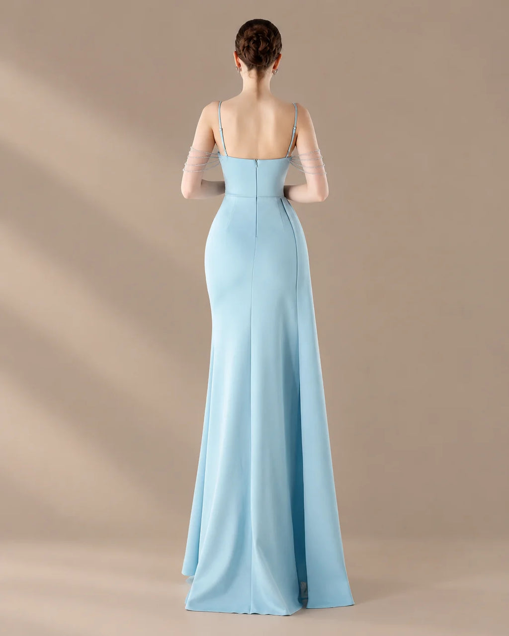 Spaghetti Strap Beaded Chain Draped Satin Mermaid Gown | Oyese