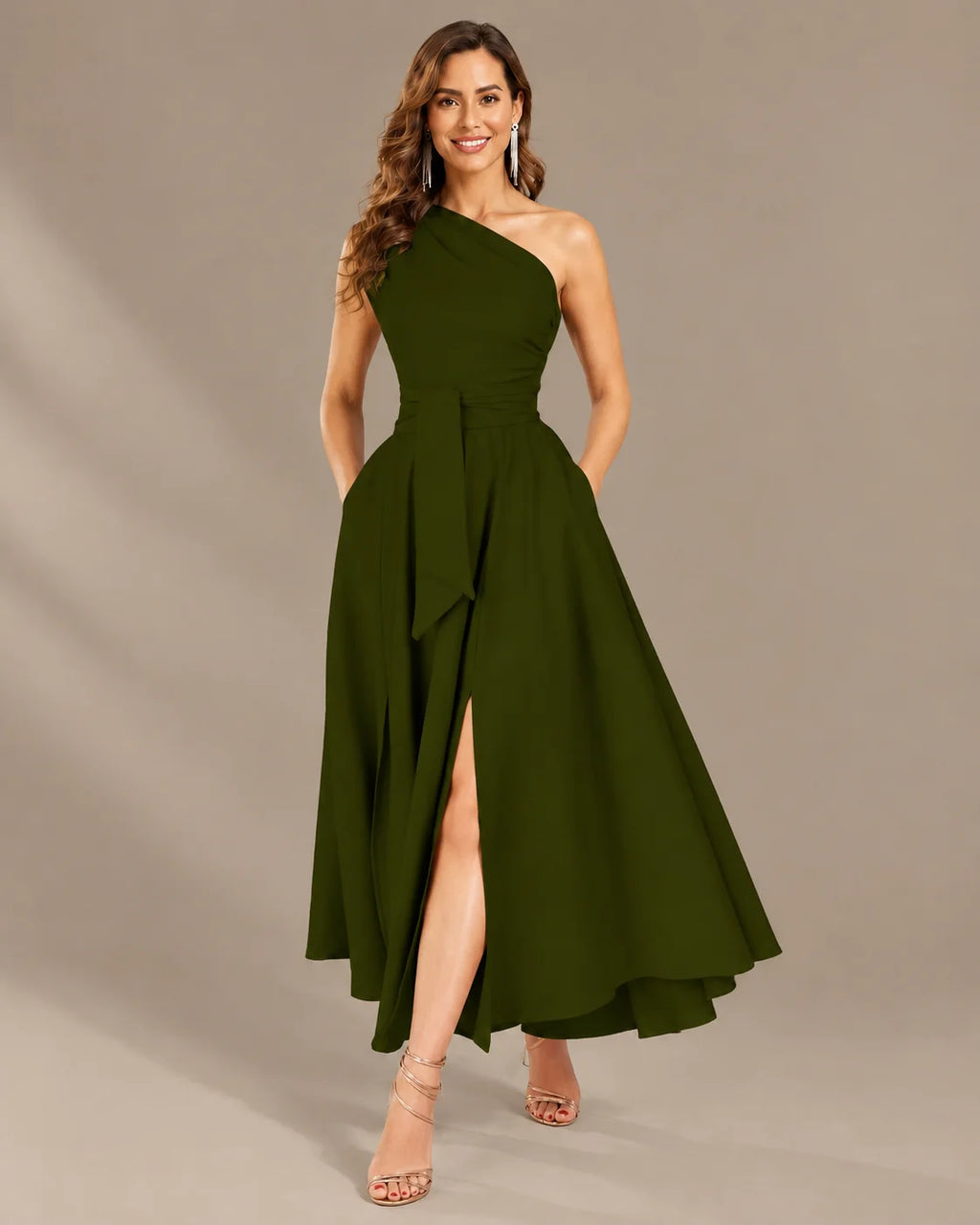 One-Shoulder Cap Sleeve Belted Fit and Flare Midi Dress | Oyese