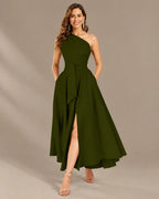 One-Shoulder Cap Sleeve Belted Fit and Flare Midi Dress | Oyese