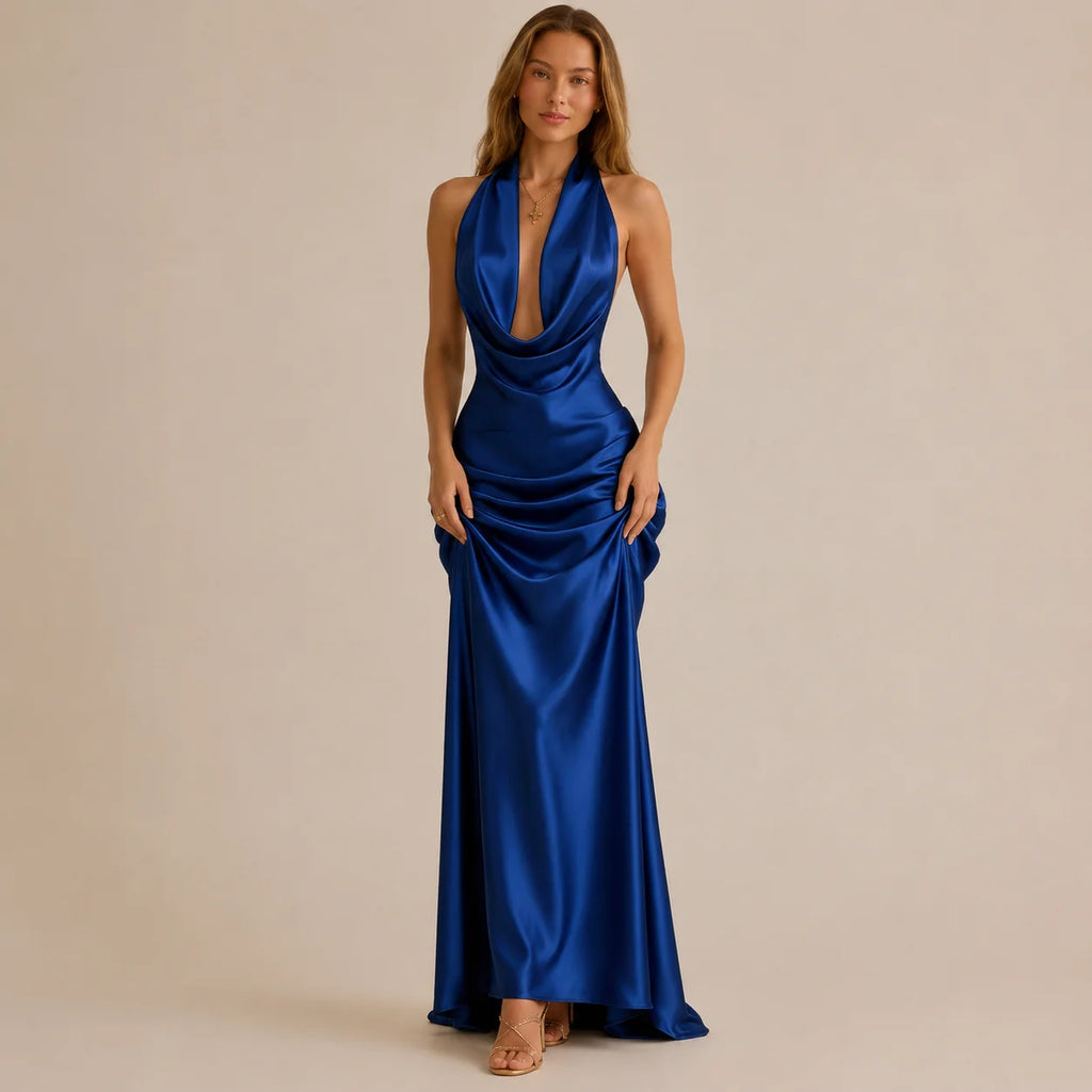 Halter Cowl Neck Satin Mermaid Gown – Backless Tie-Bow Evening Dress | Oyese