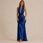 Halter Cowl Neck Satin Mermaid Gown – Backless Tie-Bow Evening Dress | Oyese