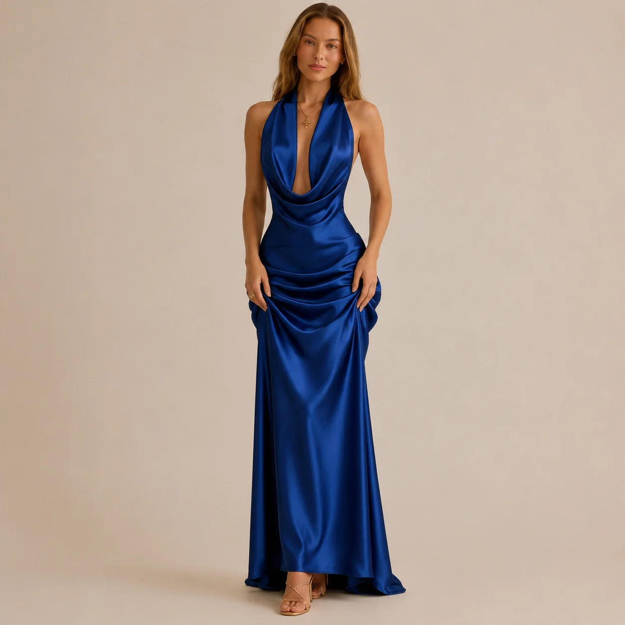 Halter Cowl Neck Satin Mermaid Gown – Backless Tie-Bow Evening Dress | Oyese
