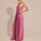 Strapless Pleated Maxi Gown – V-Notch Accordion Pleat Formal Dress | Oyese