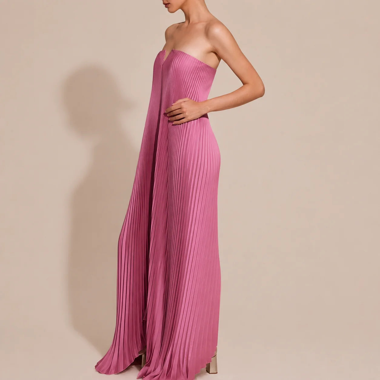 Strapless Pleated Maxi Gown – V-Notch Accordion Pleat Formal Dress | Oyese
