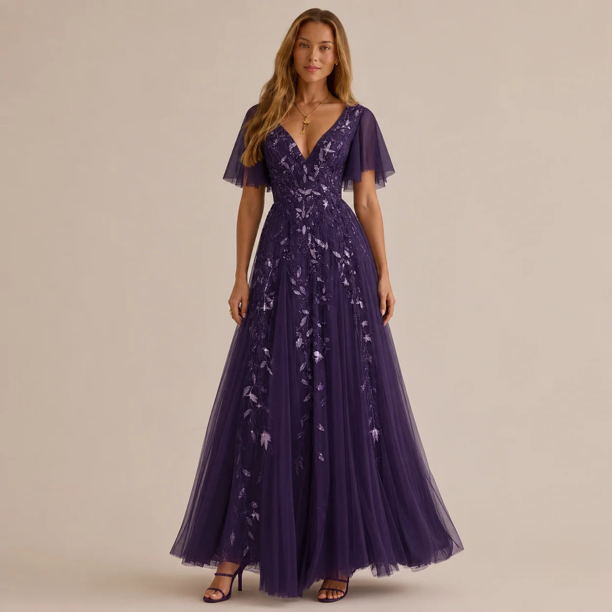 Deep V-Neck Sequin Tulle A-Line Gown – Flutter Sleeve Formal Evening Dress | Oyese