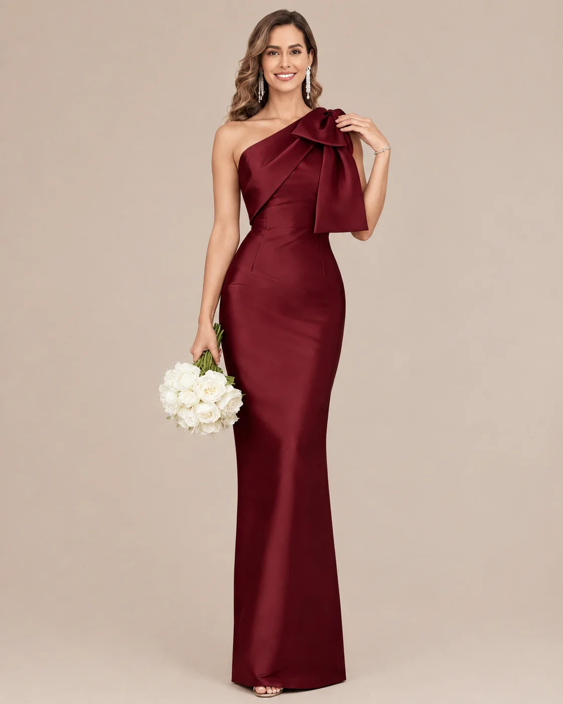 One-Shoulder Bow Satin Mermaid Evening Gown | Oyese