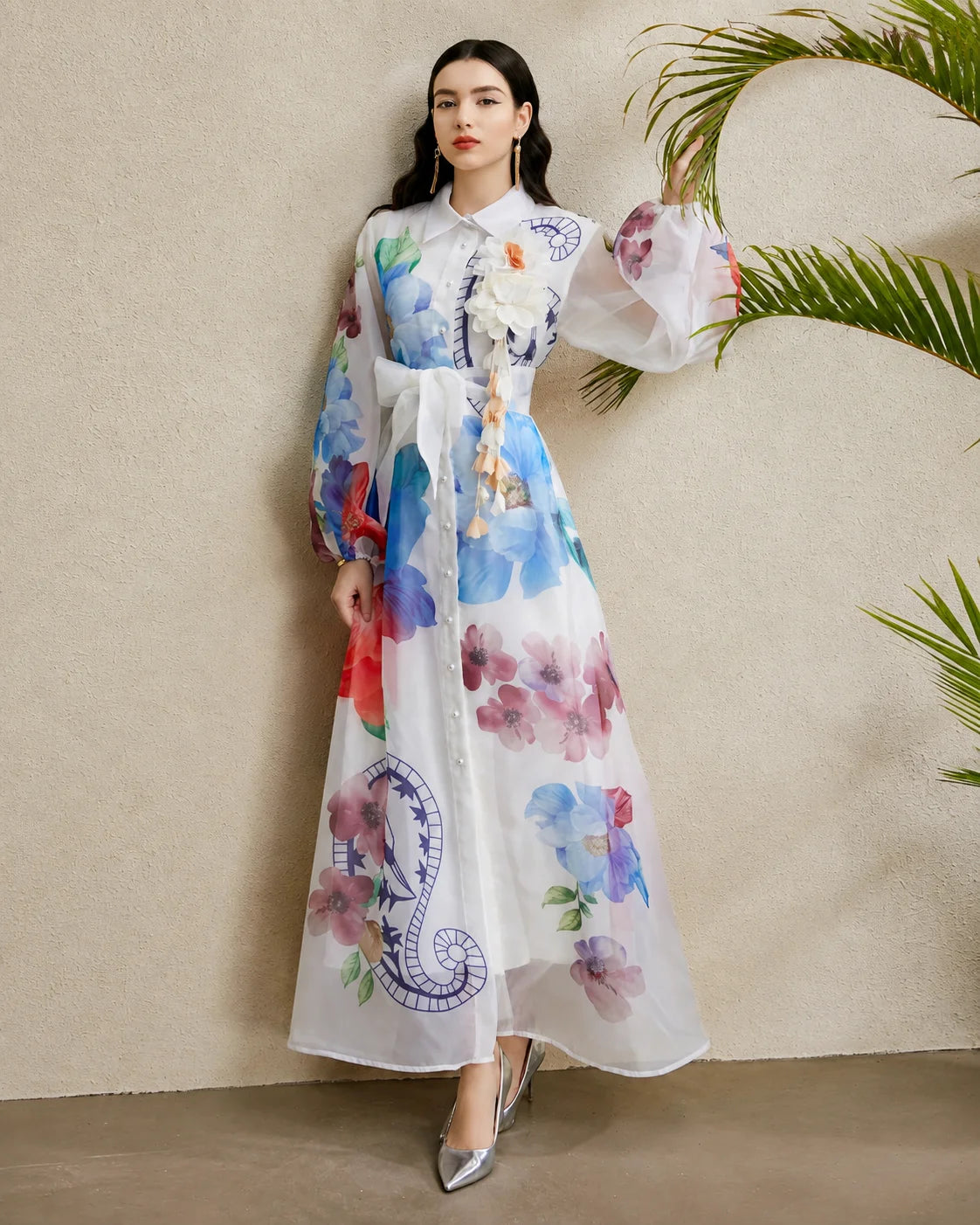 Vintage Floral Puff Sleeve Belted Maxi Dress | Oyese