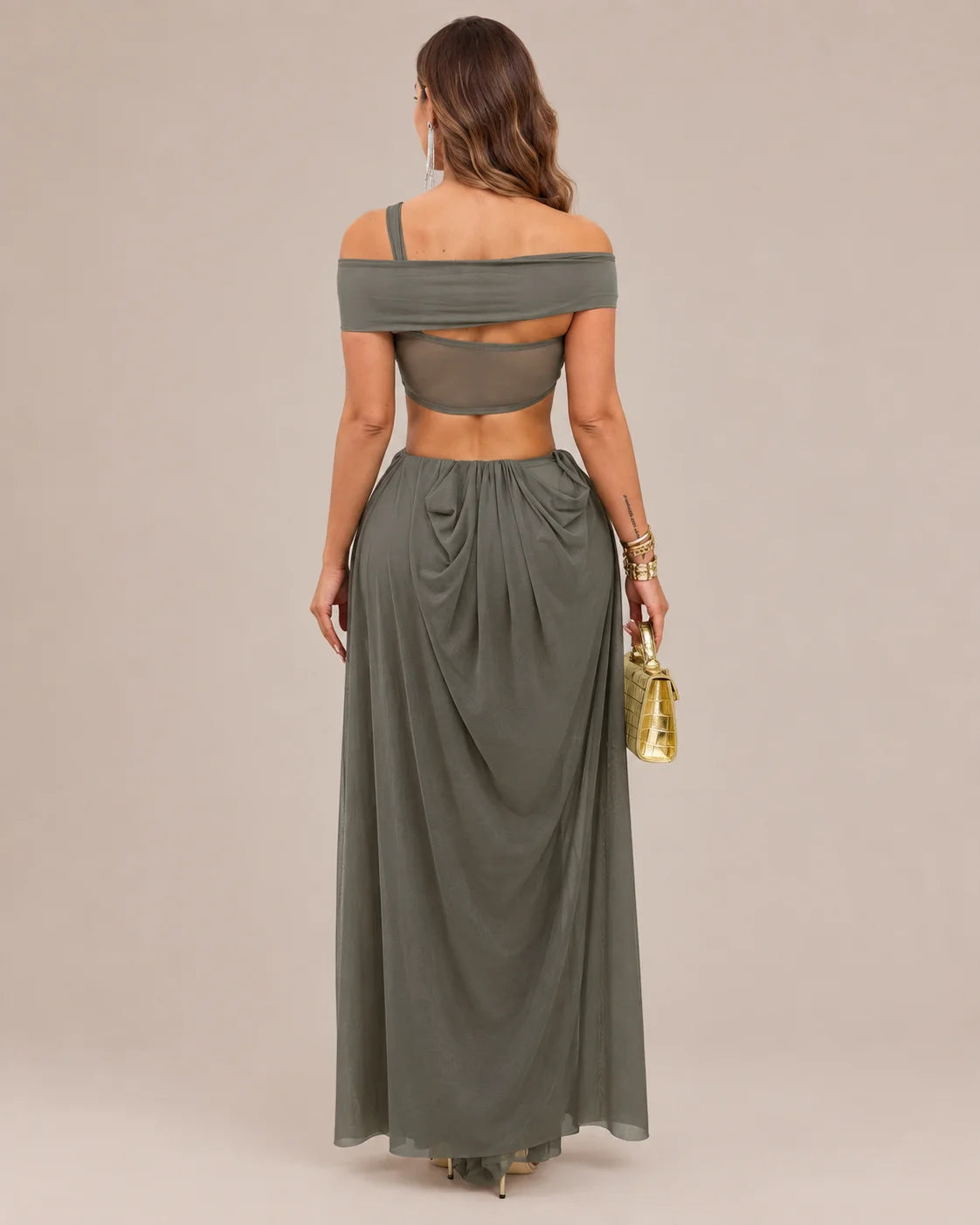Off-Shoulder Cutout Mesh Draped Maxi Dress | Oyese
