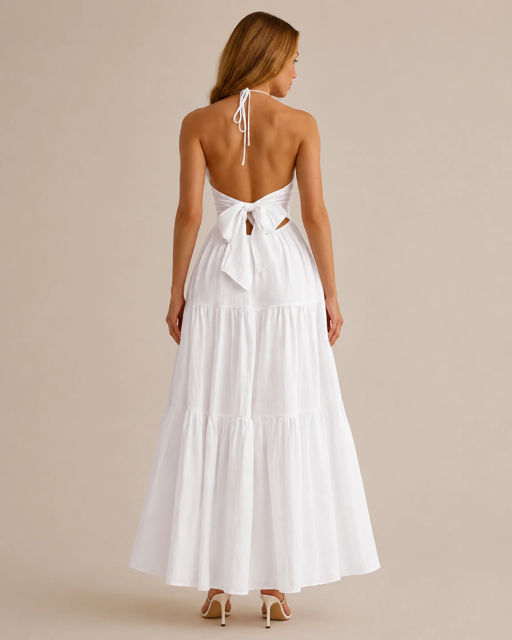 Halter Deep V-Neck Tiered Maxi Dress – Flowy Vacation Beach Dress | Oyese